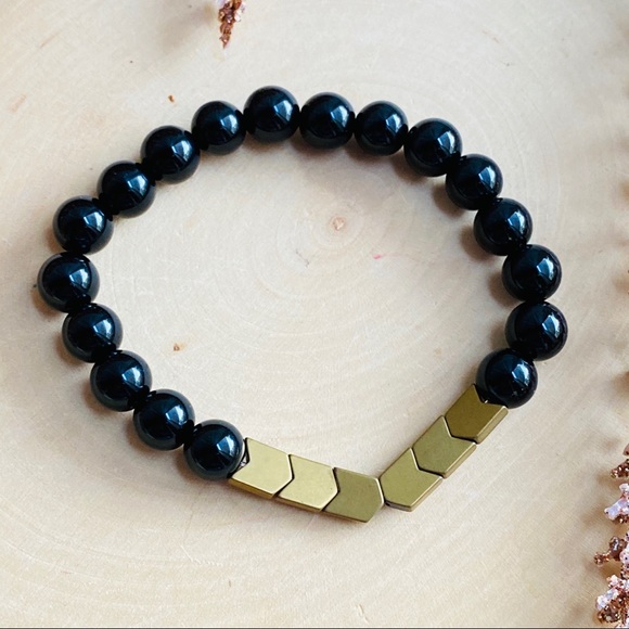 Men’s Black Onyx Gold Hematite Beaded Bracelet - Picture 2 of 6